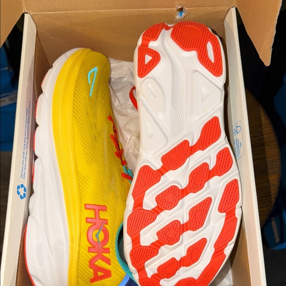 Hoka Men\'s Clifton Sneakers in Yellow with Red and Aqua Accents